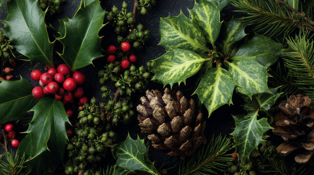Natural winter and christmas background with holly, ivy, mistletoe, and pine cones for festive seasonal greeting cards