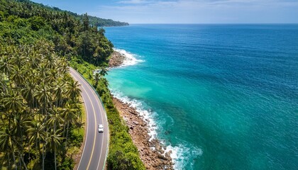 an aerial view of a coastal road trip a sleek modern car driving along a winding road between the turquoise sea on one side and dense palm forest on the other