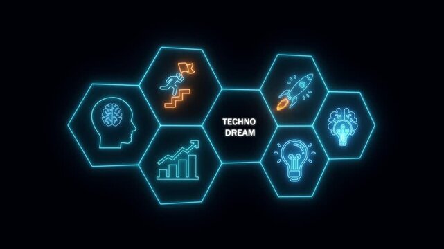Neon Hexagon Icons Representing Techno Dream with Brain, Growth, Staircase, Rocket, and Lightbulb concept
