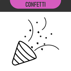 Black and color line icons for confetti. Celebratory confetti cannon explosion in simple line art style. Vector illustration
