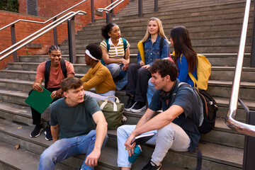 Obraz premium Diverse young adults studying talking on campus stairs