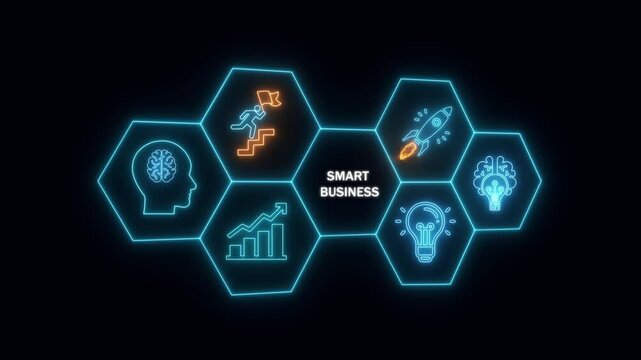 Smart Business Concept with Neon Hexagons and Icons on Black Background strategy innovation