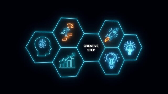 Neon Hexagon Icons Representing Creative Step and Innovation on Dark Background creativity idea