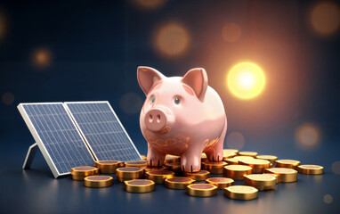 Piggy Bank and Solar Panels Representing Renewable Energy Investment