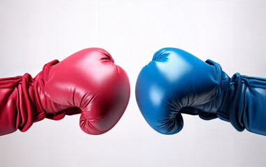 Red and Blue Boxing Gloves Facing Each Other on White Background