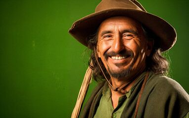 Smiling Gaúcho Man Wearing Traditional Hat and Green Shirt