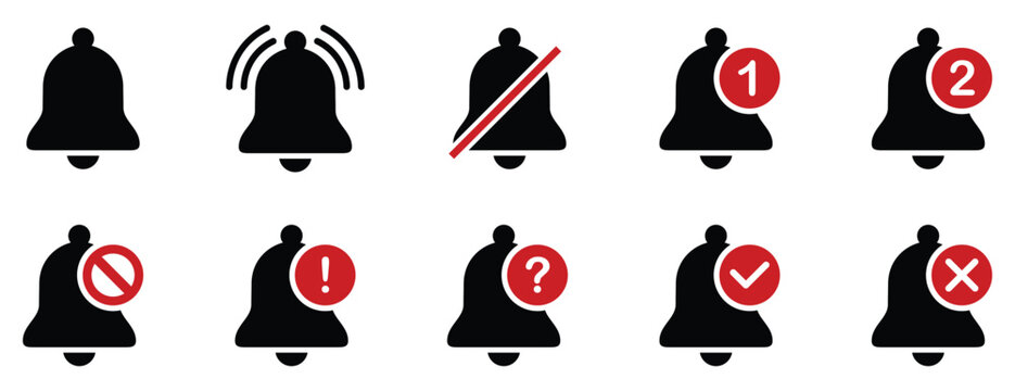 Bell notification icon set. Alarm bell icon set for notification and reminder.  Alarm symbol. Reminder icon of ringing bells, sign for incoming inbox messages. 