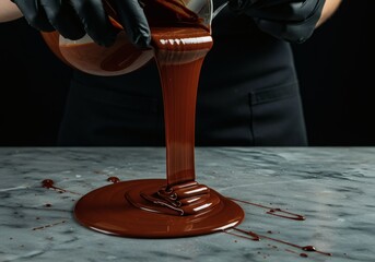 Artisanal dark chocolate pouring on marble slab by chocolatier