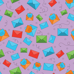 Seamless background featuring colorful envelopes and letters in playful style perfect for mail themes communication designs and creative stationery patterns