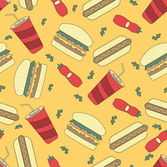 Seamless background with burgers hotdogs drinks and bottles in bright yellow color perfect for fast food themes cafe packaging wallpapers and restaurant designs