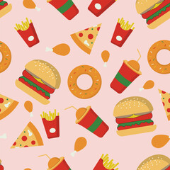 Seamless background featuring burgers pizza fries donuts drinks and chicken pieces in bright colors perfect for food packaging cafe wallpaper and restaurant design themes
