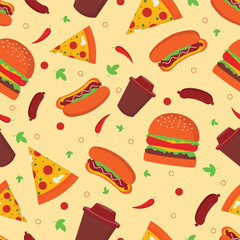 Seamless background with burgers pizza hotdogs coffee cups sausages and chili peppers perfect for fast food designs packaging wallpapers and restaurant branding themes