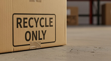 Cardboard box clearly marked RECYCLE ONLY in a warehouse setting, promoting sustainability and logistics