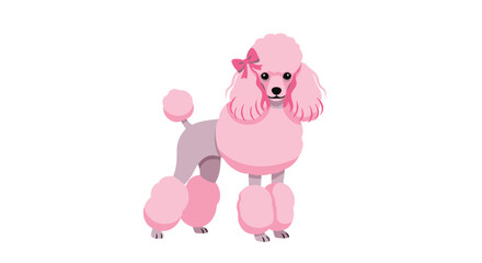 A charming cartoon illustration of a pink poodle dog with a stylish haircut and bow, standing confidently on a white background, perfect for various design uses.