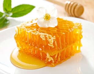 Close-up of a honeycomb piece with flower and honey dripping on white plate