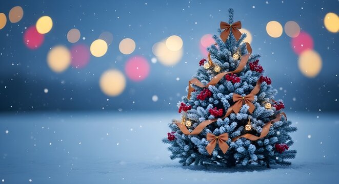 Hermoso fondo nevado de Navidad festiva.
 &Aacute;rbol de Navidad decorado con bolas rojas y juguetes tejidos en el bosque en ventisqueros al aire libre, formato de pancarta, espacio para copiar.