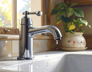 Close-up of a Shiny Chrome Faucet with a Water Drop and a Plant in the Background
