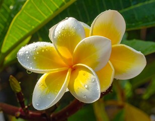 Close-up of a vibrant yellow and white plumeria flower with water droplets