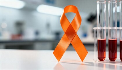 Orange awareness ribbon with blood samples in lab