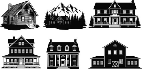 Diverse black house silhouettes vector collection, large colonial, log cabin, and mountain landscape homes, real estate architectural illustration set, traditional and vacation property symbols