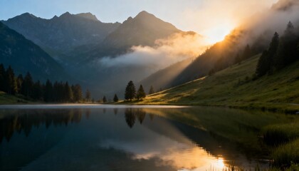 Sunrise over mountain lake with mist and reflections