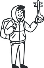 Obraz premium A cheerful person holding a key and wearing a backpack, symbolizing adventure and exploration.