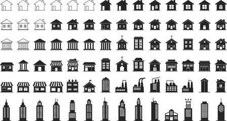 Massive building icon vector collection, residential home, commercial store, industrial factory, and city skyscraper silhouette set, urban architecture symbol library, real estate and construction.