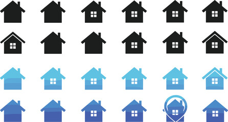 Comprehensive house icon vector set, residential property and real estate symbols, black silhouette and blue gradient flat design, home building shapes collection, housing market application logo kit.