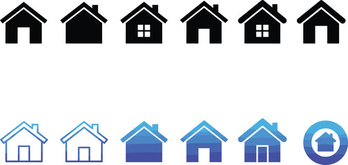 Modern home icon vector collection, residential house symbol set for website and app, black silhouette and blue gradient line style, real estate digital interface design element, property.