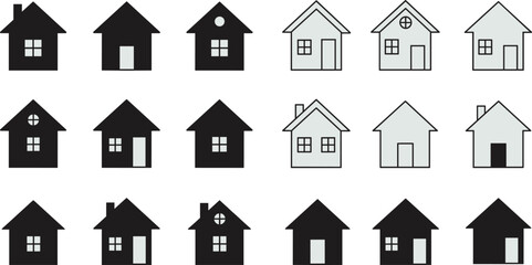 Large vector icon set of residential houses and home property symbols, various building shapes for real estate logo design, housing market app element, black and gray architecture collection