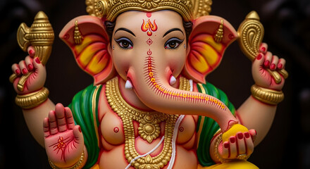 A colorful and ornate close-up statue of the Hindu elephant-headed deity, Lord Ganesha, adorned with gold jewelry.