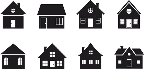Set of black house silhouettes vector illustration, various home shapes and building facades collection, residential architecture property icon pack, real estate logo element for housing app design
