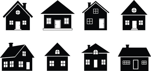 Black house silhouette vector icon set, residential property and architecture symbols, home shapes collection, real estate logo elements, simple flat graphic design for housing app, neighborhood 