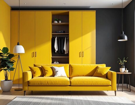Sarı bir kanepe, minimalist dolap ve koyu sarı bir duvara yaslanmış sarkıt lambalarla aydınlık ve canlı modern oturma odası

