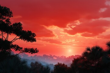 Fototapeta premium Vibrant red sunset over misty forest and silhouetted trees