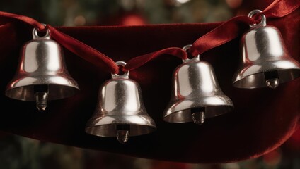 Festive Silver Bells Hanging on a Red Ribbon for Christmas.