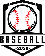 Black and red baseball team logo badge with centered stitched ball and year date shield emblem vector