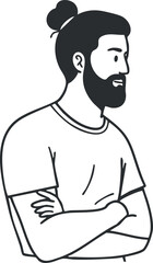 Obraz premium A thoughtful man with a beard and arms crossed, portrayed in a modern illustration style.