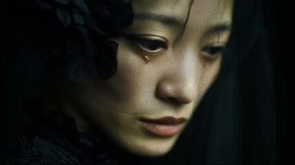 涙を流す喪服の日本人女性の感情ポートレートの描写