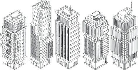 Illustration of five modern skyscrapers showcasing diverse architectural styles and designs.