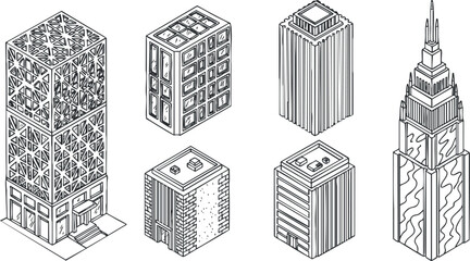 Fototapeta premium A collection of various building designs in a minimalist outline style showcasing urban architecture.