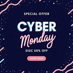 A dark blue background graphic prominently displays the words Cyber Monday with a special offer and a discount to encourage shopping.