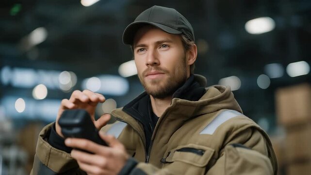 Warehouse operator scanning smart container with handheld device, emotion of focus and professionalism visible, symbolizing automated inventory control, RFID tracking innovation, and efficiency in