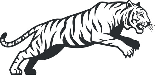 A stylized black and white illustration of a leaping tiger showcasing its agility and power.
