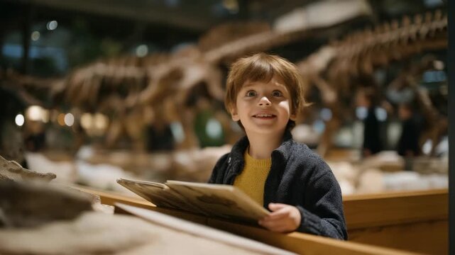 A child marvels at a dinosaur skeleton in a natural history museum, with bones towering, a guidebook open, parents snapping photos, and a fossil display nearby, presented in a awe-filled photo with