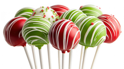Christmas cake pops in red and green with white icing decoration transparent background