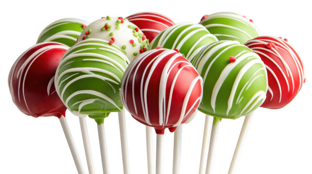 Christmas cake pops in red and green with white icing decoration transparent background