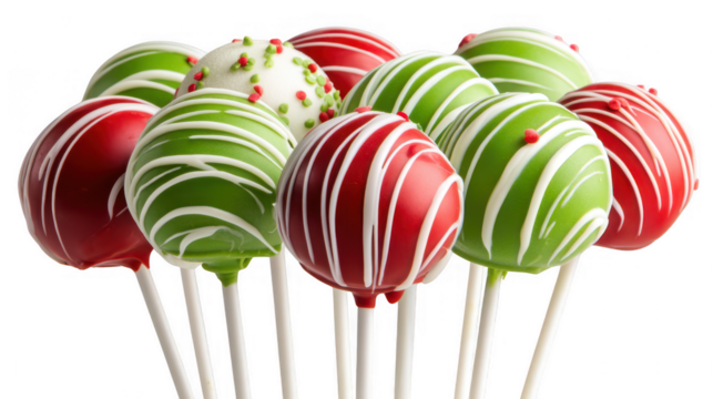 Christmas cake pops in red and green with white icing decoration transparent background