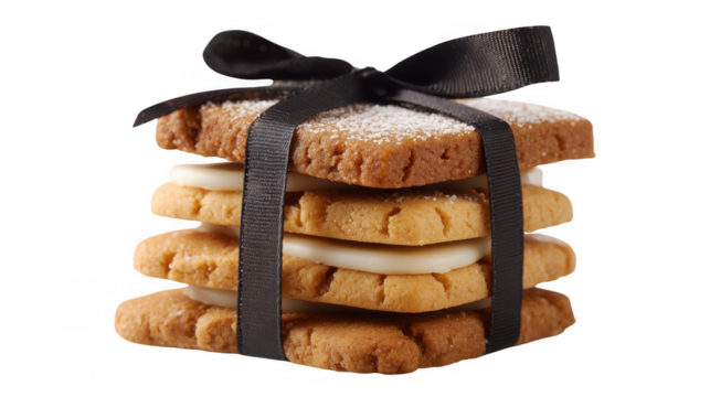 Photo of stacked holiday cookies tied with black ribbon festive gift dessert transparent background