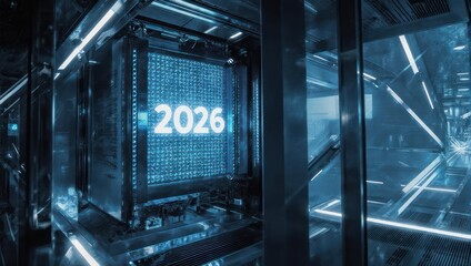 Futuristic 2026 Display in a Neon-Lit Technological Environment.